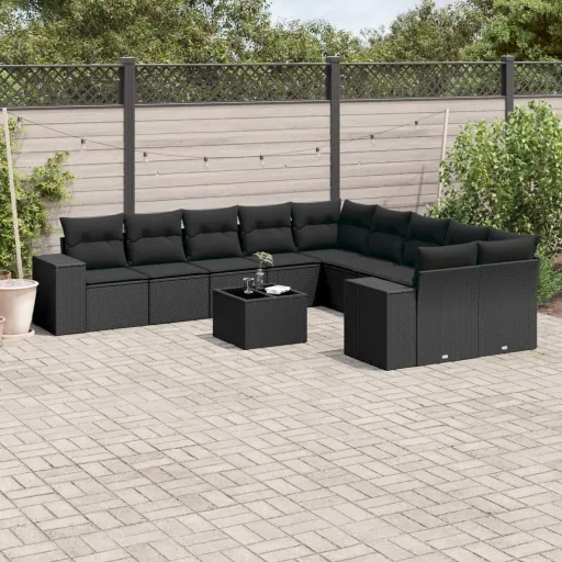 Conjunto Sofás de Jardim c/ Almofadões Vime PE Preto (11 pcs)
