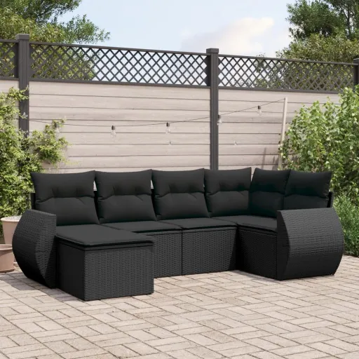 Conjunto Sofás de Jardim c/ Almofadões Vime PE Preto (6 pcs)