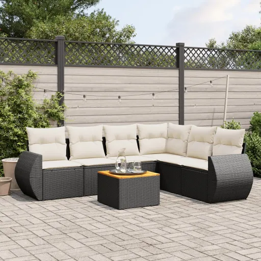 Conjunto de Sofás p/ Jardim c/ Almofadões Vime PE Preto (7 pcs)