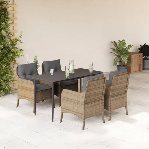 Conjunto de Jantar p/ Jardim com Almofadões Vime PE Bege (5 pcs)