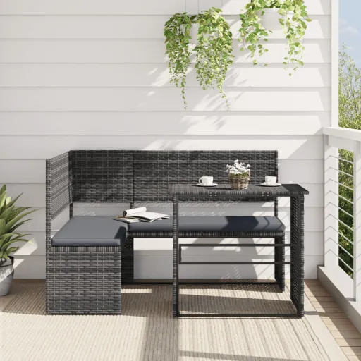 Sofá de Jardim Forma de L c/ Mesa e Almofadões Vime PE Cinzento