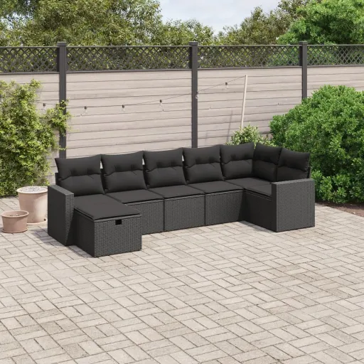 Conjunto de Sofás p/ Jardim c/ Almofadões Vime PE Preto (7 pcs)