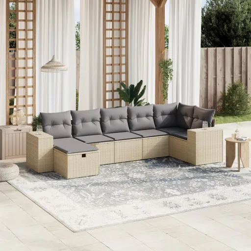 Conj. Sofás Jardim c/ Almofadões Vime PE Bege Misturado (7 pcs)