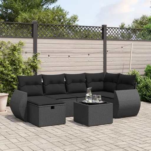 Conjunto de Sofás p/ Jardim c/ Almofadões Vime PE Preto (7 pcs)