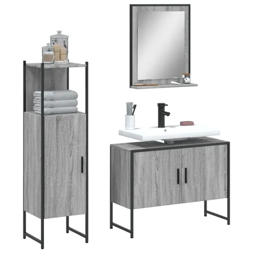 Conjunto Móveis WC Derivados de Madeira Cinzento Sonoma (3 pcs)
