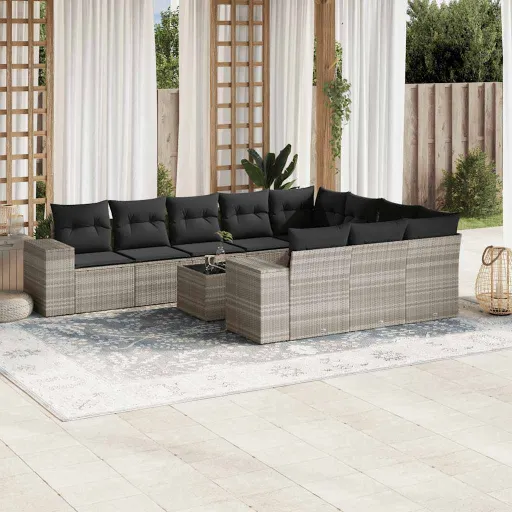 Conjunto Sofás de Jardim c/ Almofadões Vime PE Cinzento (11 pcs)
