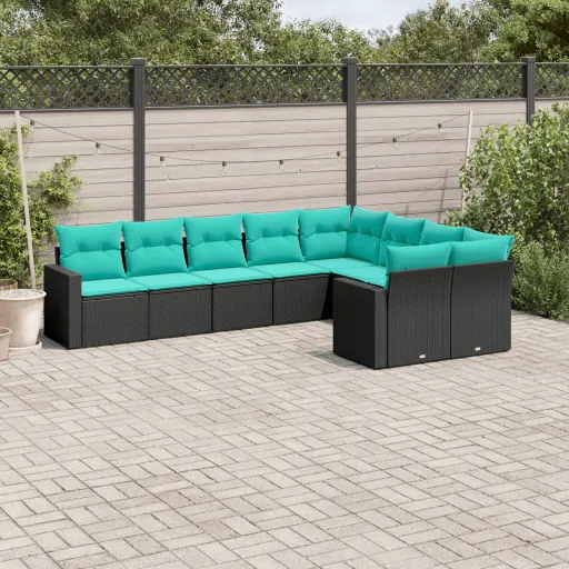 Conjunto de Sofás p/ Jardim c/ Almofadões Vime PE Preto (9 pcs)