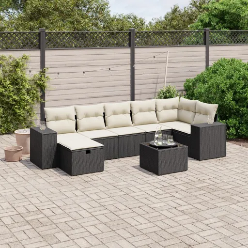 Conjunto Sofás de Jardim com Almofadões Vime PE Preto (8 pcs)