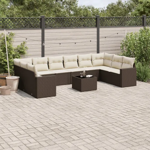 Conjunto Sofás de Jardim c/ Almofadões Vime PE Castanho (11 pcs)