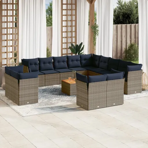 Conjunto Sofás p/ Jardim c/ Almofadões Vime PE Cinzento (14 pcs)