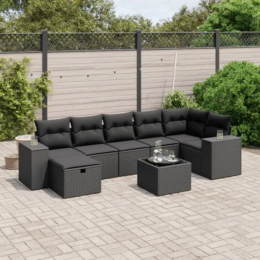Conjunto Sofás de Jardim com Almofadões Vime PE Preto (8 pcs)