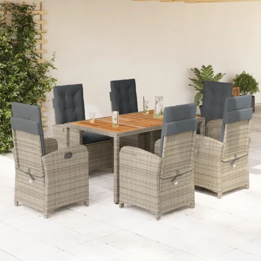 Conjunto de Jantar p/ Jardim c/ Almofadões Vime PE Cinza (7 pcs)
