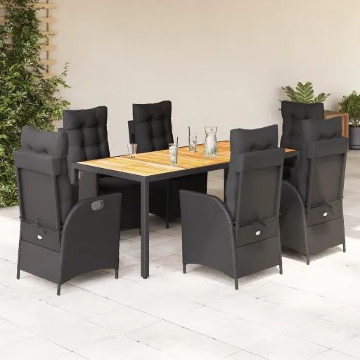 Conjunto de Jantar p/ Jardim c/ Almofadões Vime PE Preto (7 pcs)