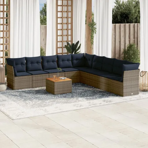 Conjunto Sofás p/ Jardim c/ Almofadões Vime PE Cinzento (10 pcs)