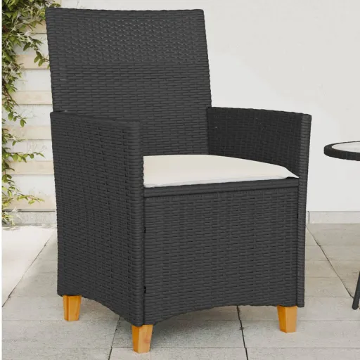 Cadeiras de Jardim c/ Almofadões   Vime PE/Madeira Preto (2 pcs)