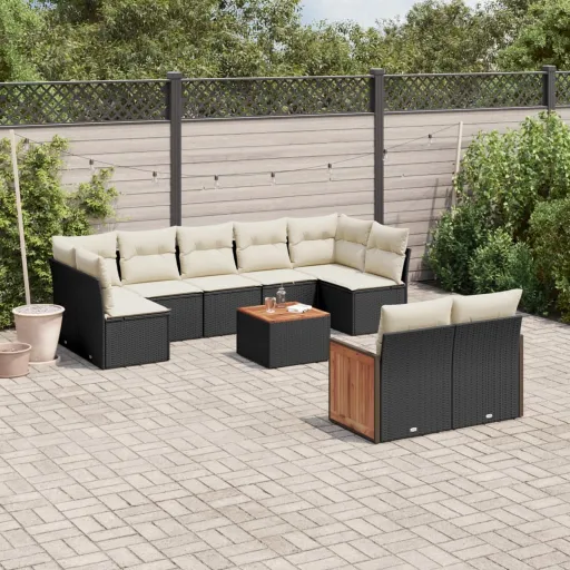 Conjunto Sofás de Jardim c/ Almofadões Vime PE Preto (10 pcs)