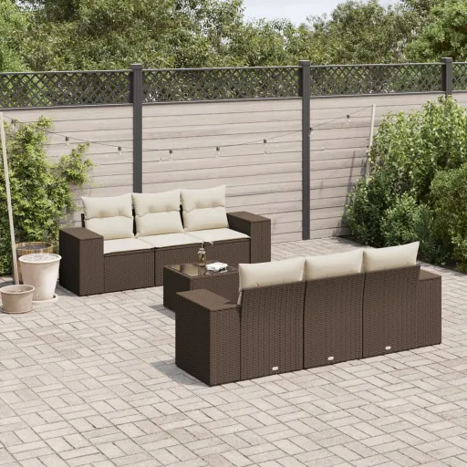 Conjunto de Sofás Jardim c/ Almofadões Vime PE Castanho (7 pcs)