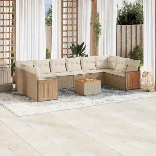 Conjunto Sofás de Jardim c/ Almofadões Vime PE Bege (11 pcs)
