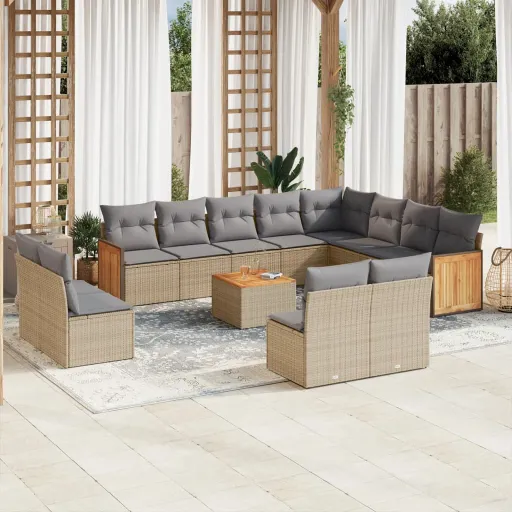 Conjunto de Sofás p/ Jardim com Almofadões Vime PE Bege (13 pcs)