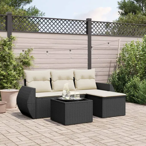 Conjunto Sofás de Jardim com Almofadões Vime PE Preto (5 pcs)