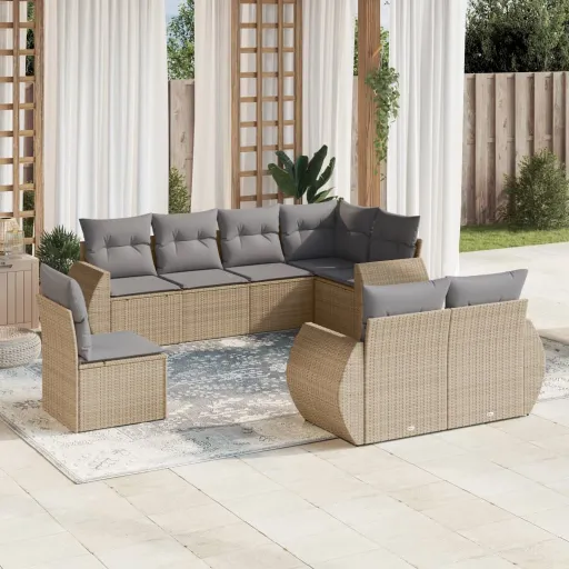 Conjunto de Sofás p/ Jardim com Almofadões Vime PE Bege (8 pcs)
