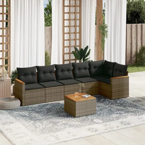 Conjunto Sofás p/ Jardim c/ Almofadões Vime PE Cinzento (7 pcs)
