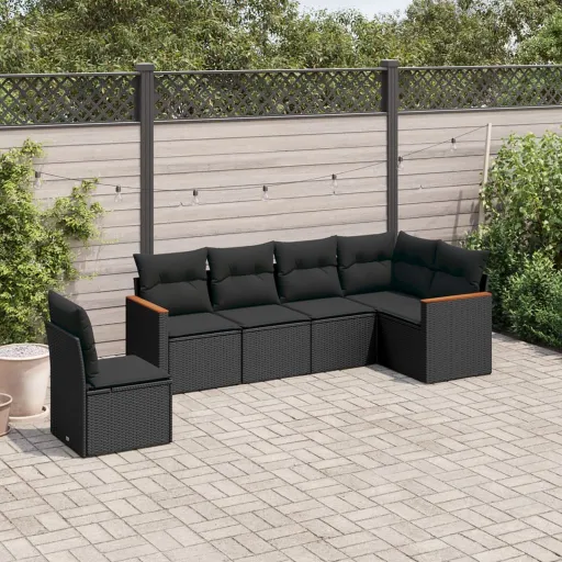 Conjunto Sofás de Jardim c/ Almofadões Vime PE Preto (6 pcs)