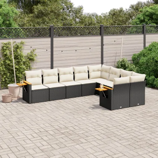 Conjunto de Sofás p/ Jardim c/ Almofadões Vime PE Preto (9 pcs)