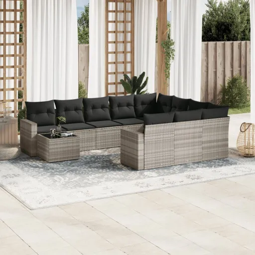 Conjunto Sofás de Jardim c/ Almofadões Vime PE Cinzento (11 pcs)