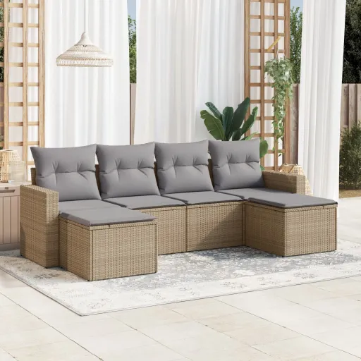 Conjunto de Sofás p/ Jardim com Almofadões Vime PE Bege (6 pcs)