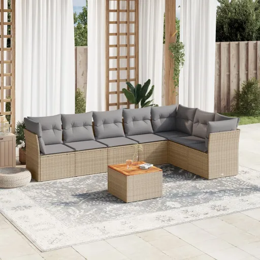 Conjunto de Sofás p/ Jardim com Almofadões Vime PE Bege (8 pcs)
