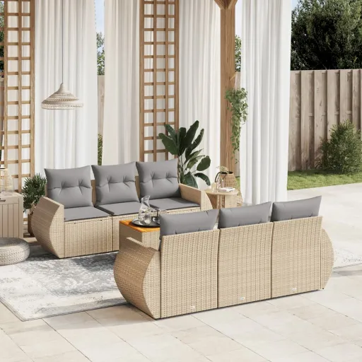Conjunto de Sofás p/ Jardim com Almofadões Vime PE Bege (7 pcs)