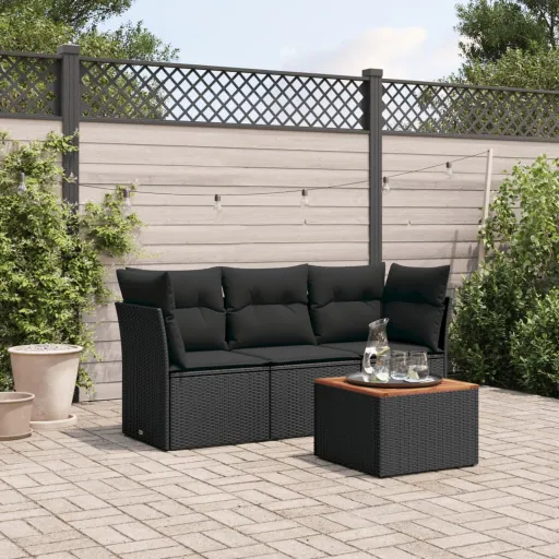 Conjunto de Sofás para Jardim c/ Almofadões Vime PE Preto (4 pcs)