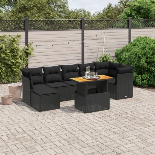 Conjunto Sofás de Jardim com Almofadões Vime PE Preto (8 pcs)