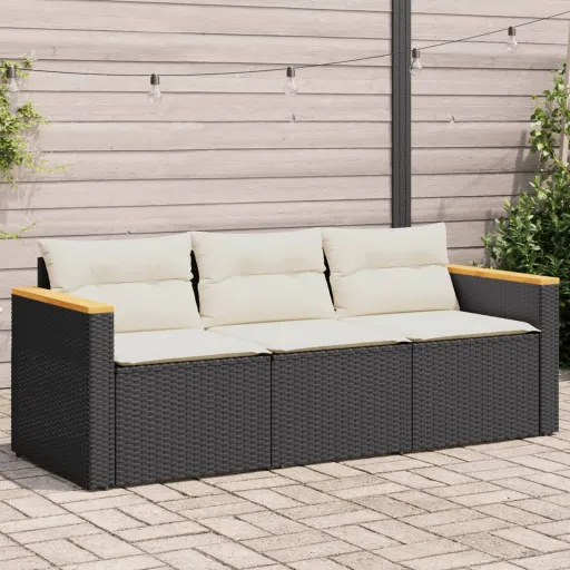 Sofá de Jardim 3 Lugares com Almofadões Vime PE Preto