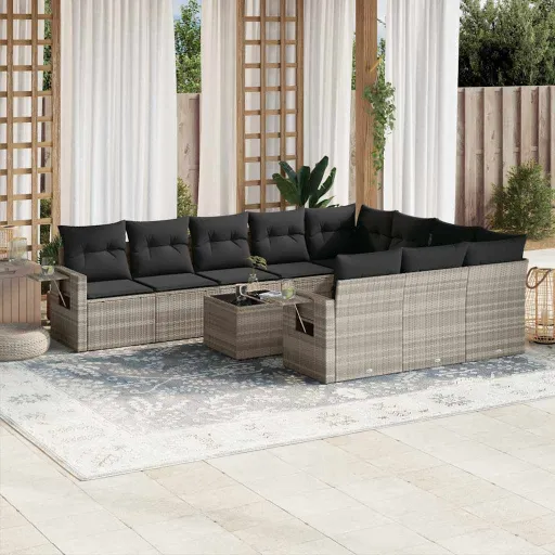 Conjunto Sofás de Jardim c/ Almofadões Vime PE Cinzento (11 pcs)