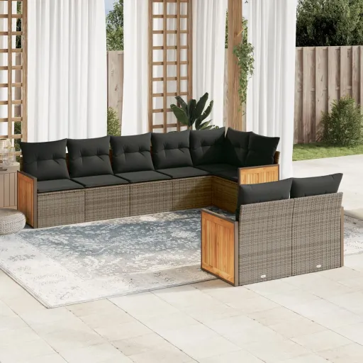Conjunto Sofás de Jardim c/ Almofadões Vime PE Cinzento (8 pcs)