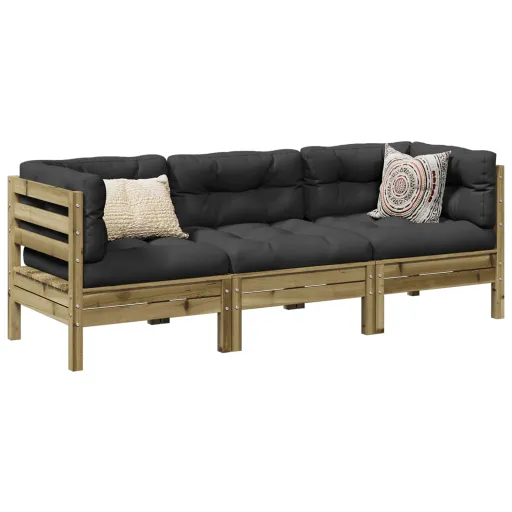 Conjunto Sofás de Jardim c/ Almofadões Pinho Impregnado (3 pcs)