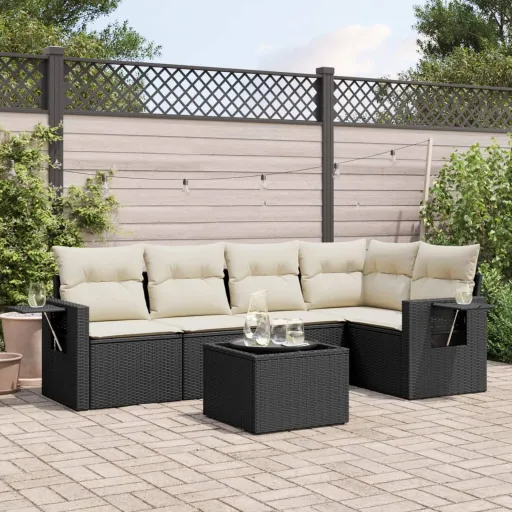 Conjunto Sofás de Jardim c/ Almofadões Vime PE Preto (6 pcs)