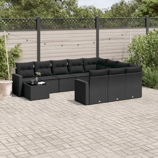 Conjunto Sofás de Jardim c/ Almofadões Vime PE Preto (11 pcs)