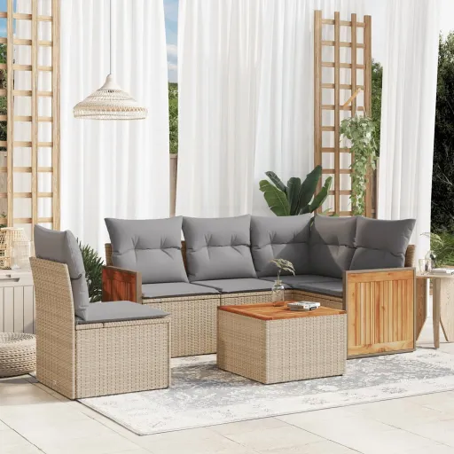 Conjunto de Sofás p/ Jardim com Almofadões Vime PE Bege (6 pcs)