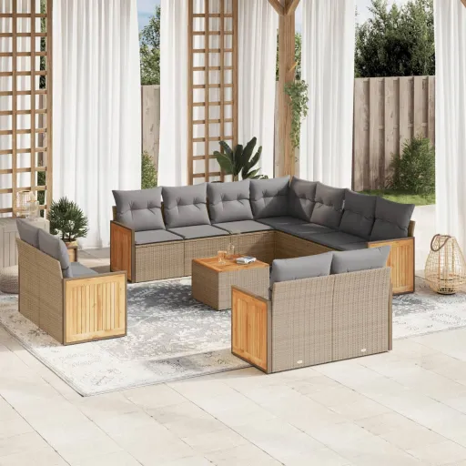 Conjunto de Sofás p/ Jardim com Almofadões Vime PE Bege (12 pcs)