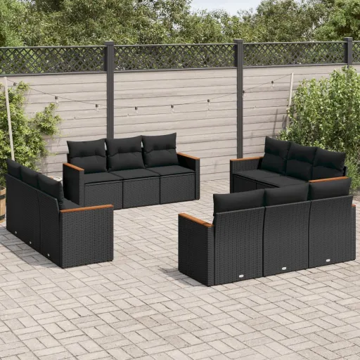 Conjunto de Sofás de Jardim c/ Almofadões Vime PE Preto (12 pcs)