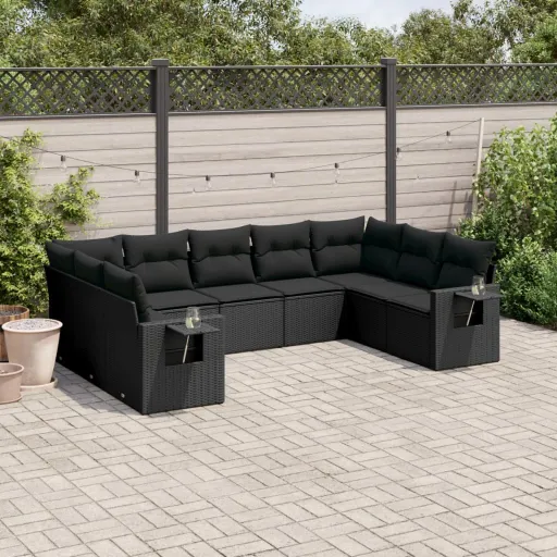 Conjunto de Sofás p/ Jardim c/ Almofadões Vime PE Preto (9 pcs)