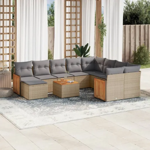 Conjunto Sofás de Jardim c/ Almofadões Vime PE Bege (11 pcs)