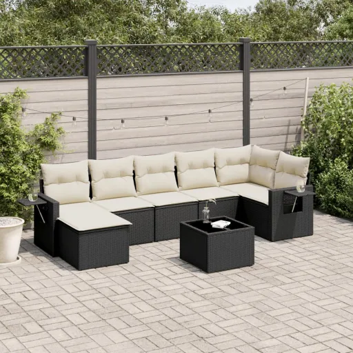 Conjunto Sofás de Jardim com Almofadões Vime PE Preto (8 pcs)