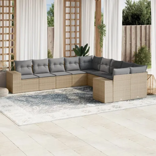 Conjunto de Sofás p/ Jardim com Almofadões Vime PE Bege (10 pcs)