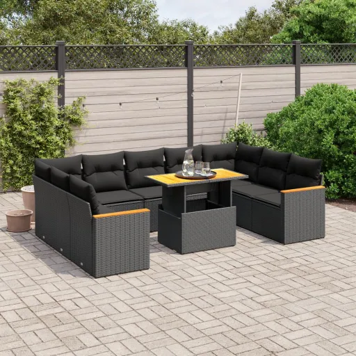 Conjunto Sofás de Jardim c/ Almofadões Vime PE Preto (10 pcs)
