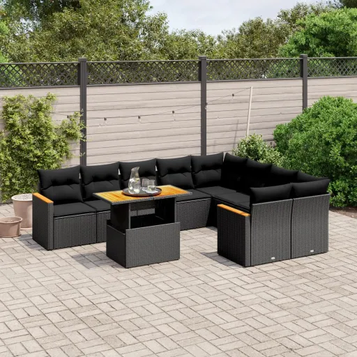Conjunto Sofás de Jardim c/ Almofadões Vime PE Preto (10 pcs)