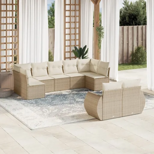 Conjunto de Sofás p/ Jardim com Almofadões Vime PE Bege (9 pcs)